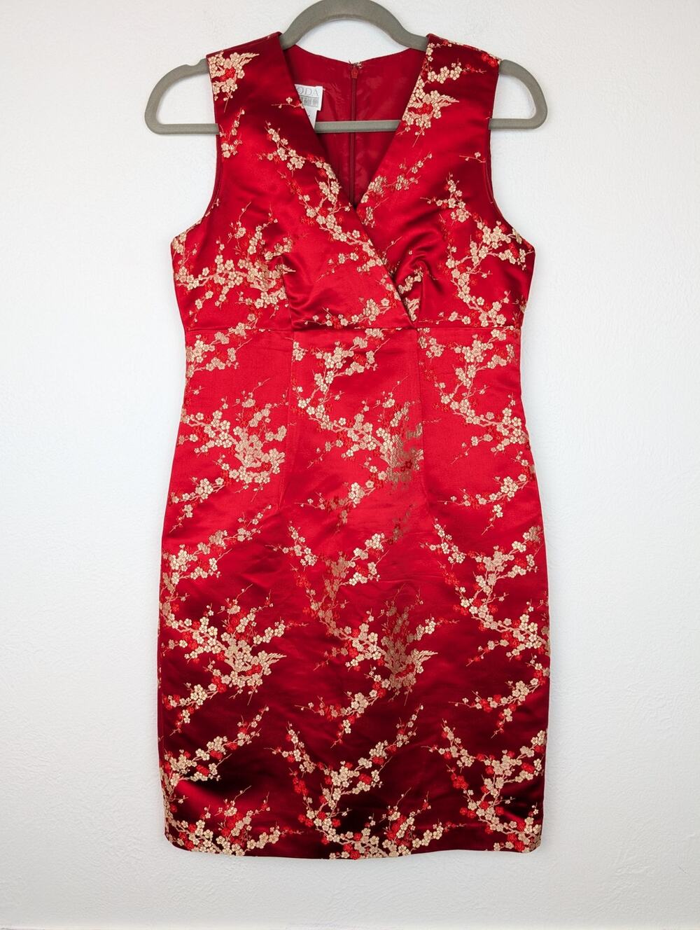 Moda International Dress 90s Silk Satin Floral Asian Sexy Embroidery Red Size 4